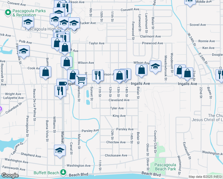 map of restaurants, bars, coffee shops, grocery stores, and more near 2127 Taft Avenue in Pascagoula