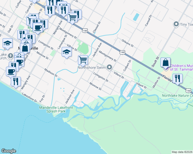 map of restaurants, bars, coffee shops, grocery stores, and more near 551 Atalin Street in Mandeville