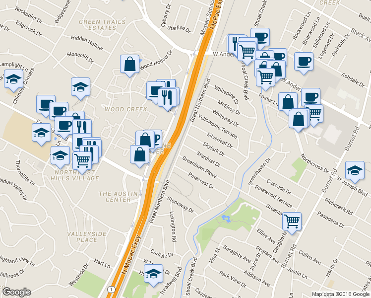map of restaurants, bars, coffee shops, grocery stores, and more near 3309 Stardust Drive in Austin