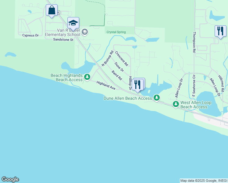 map of restaurants, bars, coffee shops, grocery stores, and more near 57 Highland Avenue in Santa Rosa Beach