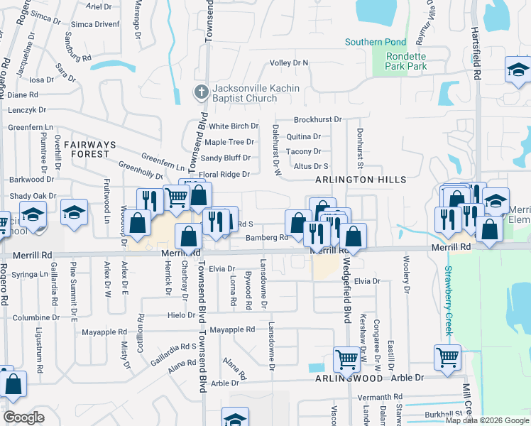 map of restaurants, bars, coffee shops, grocery stores, and more near 7442 Stonehurst Road South in Jacksonville