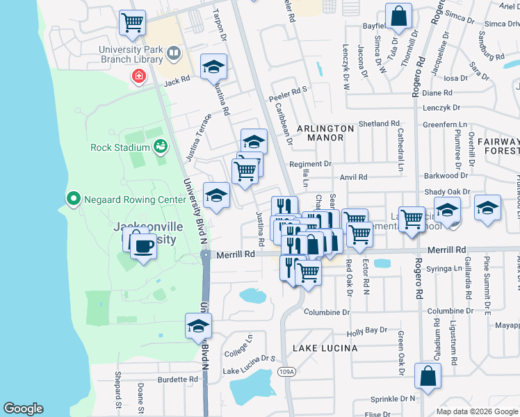 map of restaurants, bars, coffee shops, grocery stores, and more near 5750 Tall Pine Lane in Jacksonville