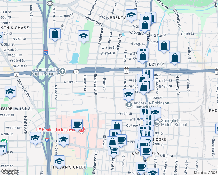 map of restaurants, bars, coffee shops, grocery stores, and more near 2653 Perry Street in Jacksonville