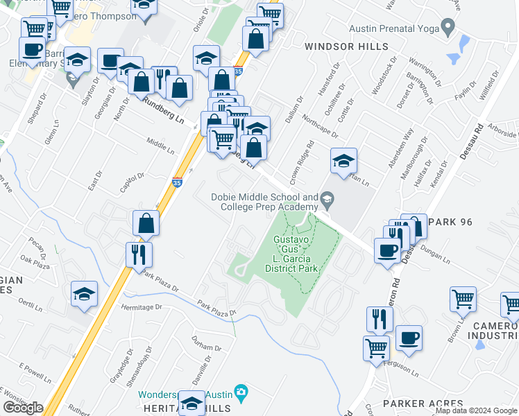 map of restaurants, bars, coffee shops, grocery stores, and more near 9125 North Plaza in Austin