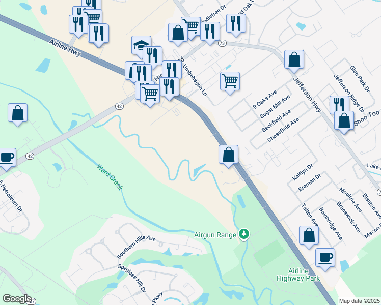 map of restaurants, bars, coffee shops, grocery stores, and more near 15355 Airline Highway in Baton Rouge