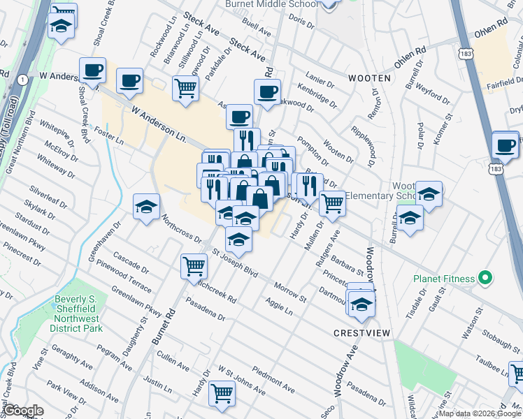 map of restaurants, bars, coffee shops, grocery stores, and more near 2143 West Anderson Lane in Austin