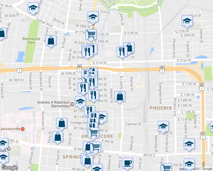 map of restaurants, bars, coffee shops, grocery stores, and more near 128 East 17th Street in Jacksonville