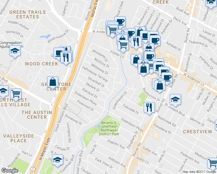 map of restaurants, bars, coffee shops, grocery stores, and more near 2904 Silverleaf Drive in Austin