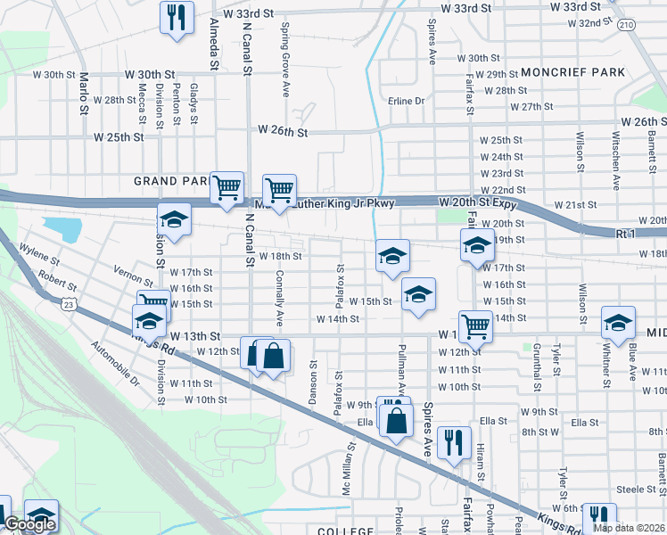 map of restaurants, bars, coffee shops, grocery stores, and more near 2047 West 17th Street in Jacksonville