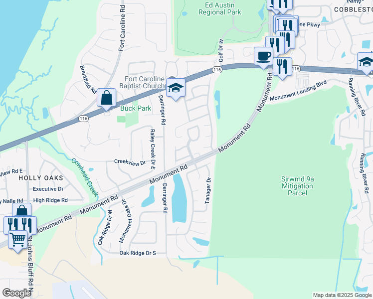 map of restaurants, bars, coffee shops, grocery stores, and more near 11418 White Bay Lane in Jacksonville