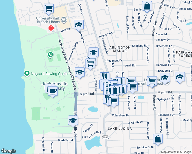 map of restaurants, bars, coffee shops, grocery stores, and more near 5750 Tall Pine Lane in Jacksonville