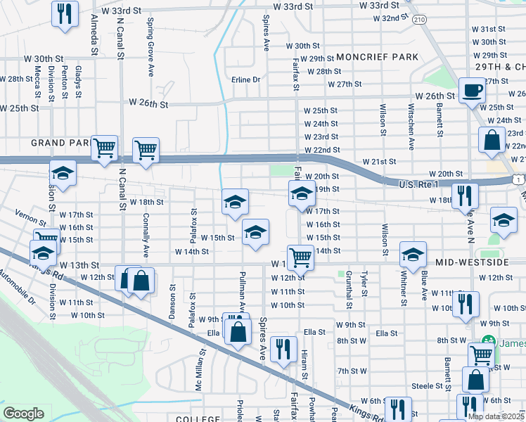map of restaurants, bars, coffee shops, grocery stores, and more near 1908 Pullman Court in Jacksonville