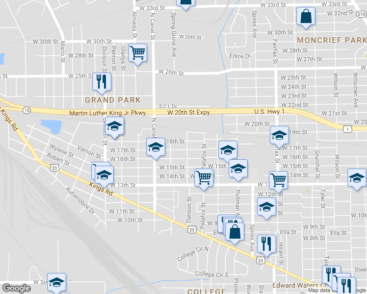 map of restaurants, bars, coffee shops, grocery stores, and more near 2109 West 17th Street in Jacksonville
