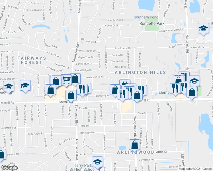 map of restaurants, bars, coffee shops, grocery stores, and more near 7442 Stonehurst Road South in Jacksonville