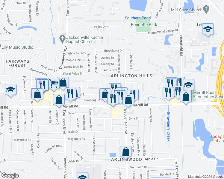 map of restaurants, bars, coffee shops, grocery stores, and more near 2914 Salem Court in Jacksonville