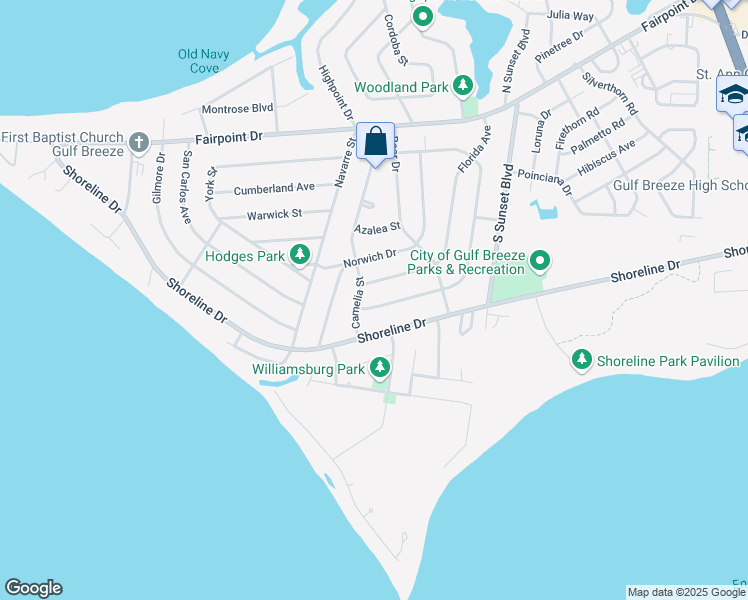 map of restaurants, bars, coffee shops, grocery stores, and more near 417 Dolphin Street in Gulf Breeze