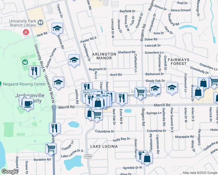 map of restaurants, bars, coffee shops, grocery stores, and more near 2918 Red Oak Drive in Jacksonville