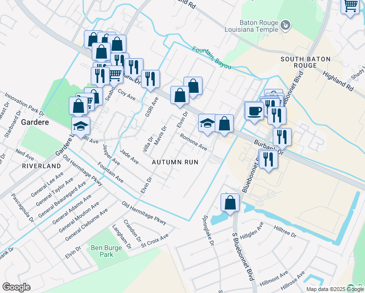 map of restaurants, bars, coffee shops, grocery stores, and more near 9130 Pecan Tree Drive in Baton Rouge