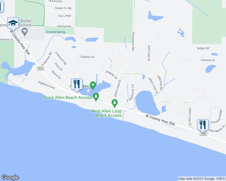 map of restaurants, bars, coffee shops, grocery stores, and more near 60 Bob-Bo Lane in Santa Rosa Beach, Florida