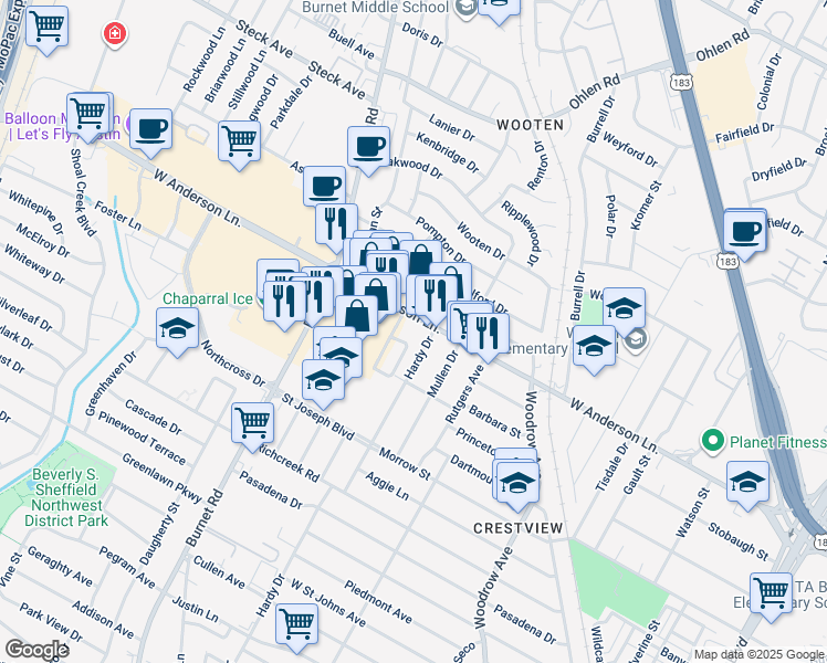 map of restaurants, bars, coffee shops, grocery stores, and more near 2007 West Anderson Lane in Austin
