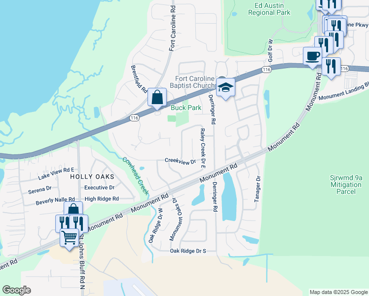 map of restaurants, bars, coffee shops, grocery stores, and more near 1967 Raley Creek Drive West in Jacksonville