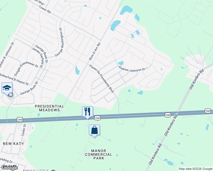map of restaurants, bars, coffee shops, grocery stores, and more near 19432 James Manor Street in Manor