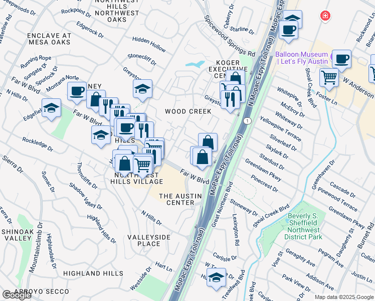 map of restaurants, bars, coffee shops, grocery stores, and more near 7117 Wood Hollow Drive in Austin