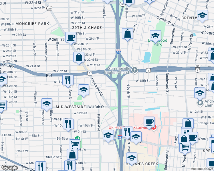 map of restaurants, bars, coffee shops, grocery stores, and more near 1055 West 17th Street in Jacksonville