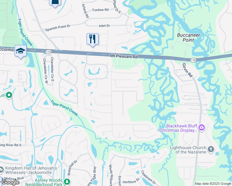 map of restaurants, bars, coffee shops, grocery stores, and more near 1591 Gately Road in Jacksonville