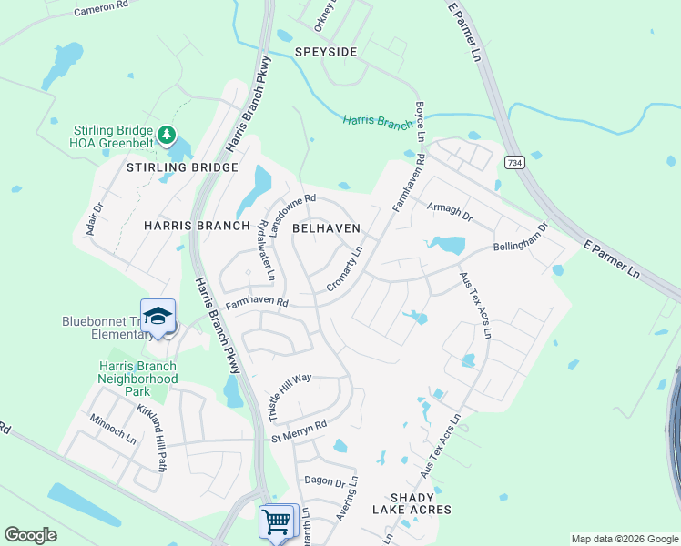 map of restaurants, bars, coffee shops, grocery stores, and more near 6805 Cromarty Lane in Austin