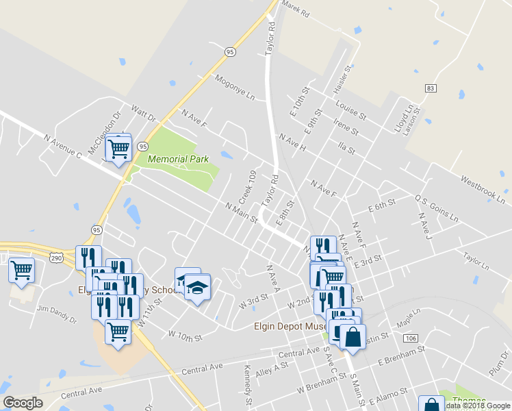 map of restaurants, bars, coffee shops, grocery stores, and more near 103 Canada Street in Elgin
