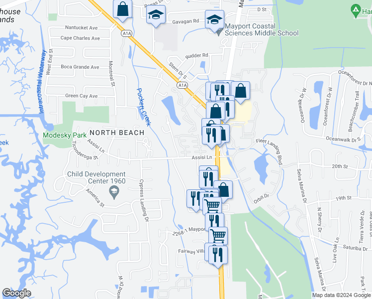 map of restaurants, bars, coffee shops, grocery stores, and more near 905 Assisi Lane in Jacksonville