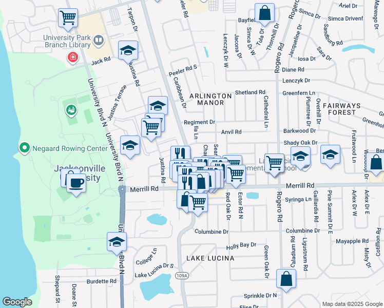 map of restaurants, bars, coffee shops, grocery stores, and more near 2917 Florida 109A in Jacksonville