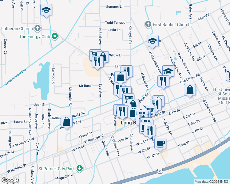 map of restaurants, bars, coffee shops, grocery stores, and more near 19037 Pineville Road in Long Beach