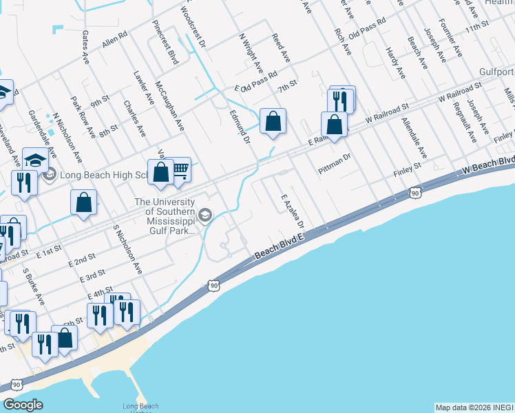 map of restaurants, bars, coffee shops, grocery stores, and more near 6 Chimney Cross in Long Beach