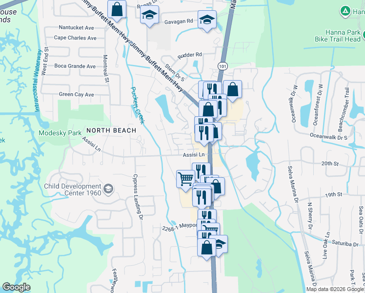 map of restaurants, bars, coffee shops, grocery stores, and more near 791 Assisi Lane in Atlantic Beach