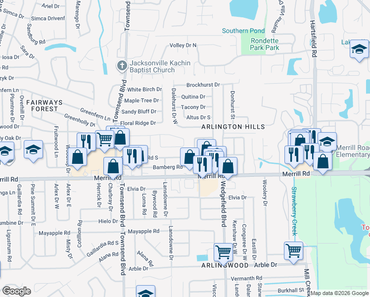 map of restaurants, bars, coffee shops, grocery stores, and more near 2914 Wycombe Drive West in Jacksonville