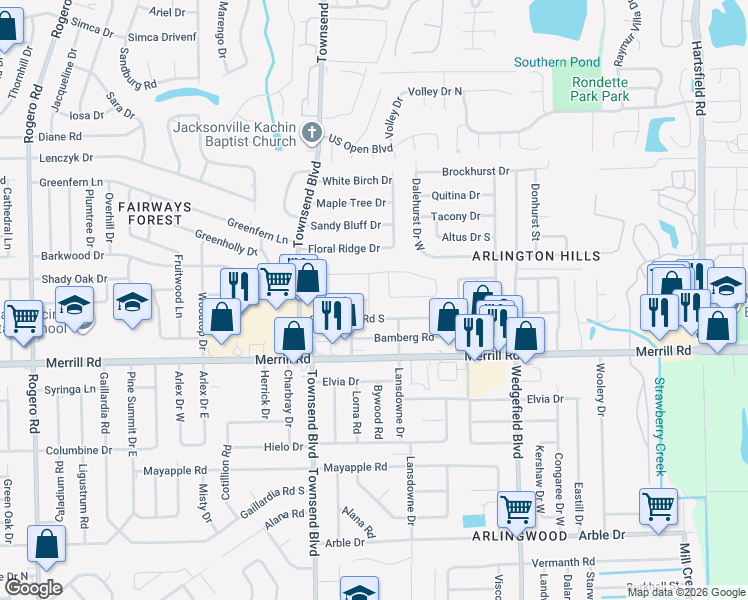 map of restaurants, bars, coffee shops, grocery stores, and more near 7402 Stonehurst Road North in Jacksonville