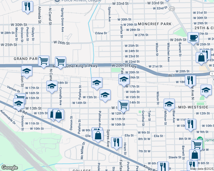 map of restaurants, bars, coffee shops, grocery stores, and more near 1908 Pullman Court in Jacksonville