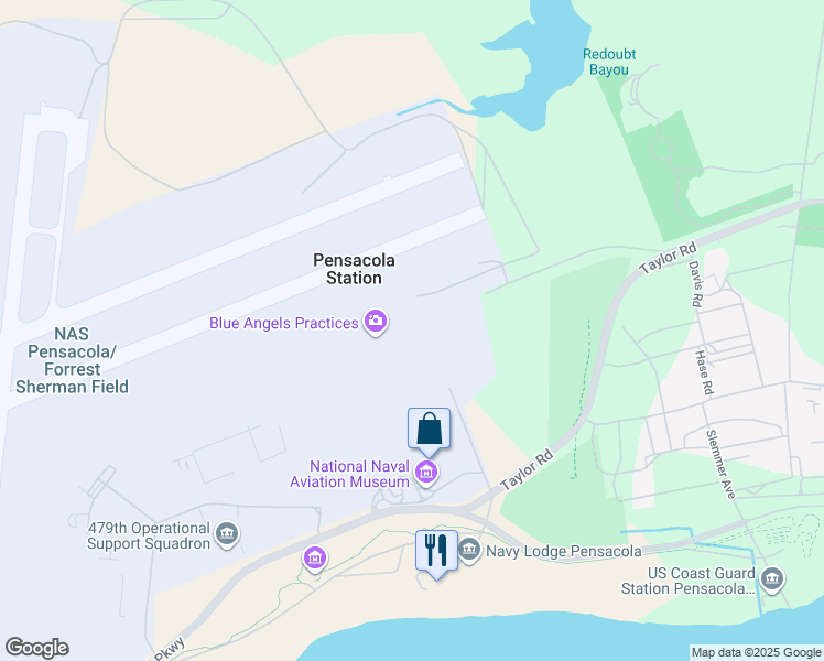 map of restaurants, bars, coffee shops, grocery stores, and more near Fetterman Way in Pensacola