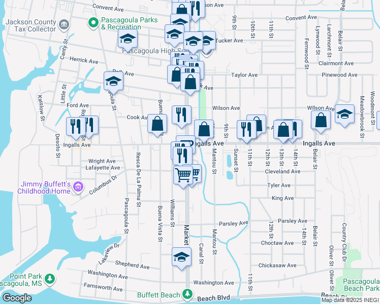map of restaurants, bars, coffee shops, grocery stores, and more near 1802 Market Street in Pascagoula