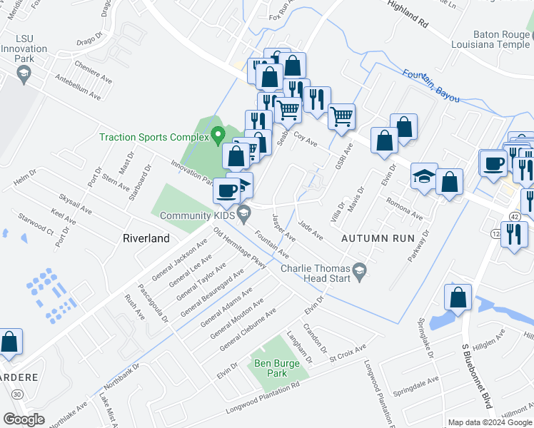 map of restaurants, bars, coffee shops, grocery stores, and more near 8646 GSRI Avenue in Baton Rouge