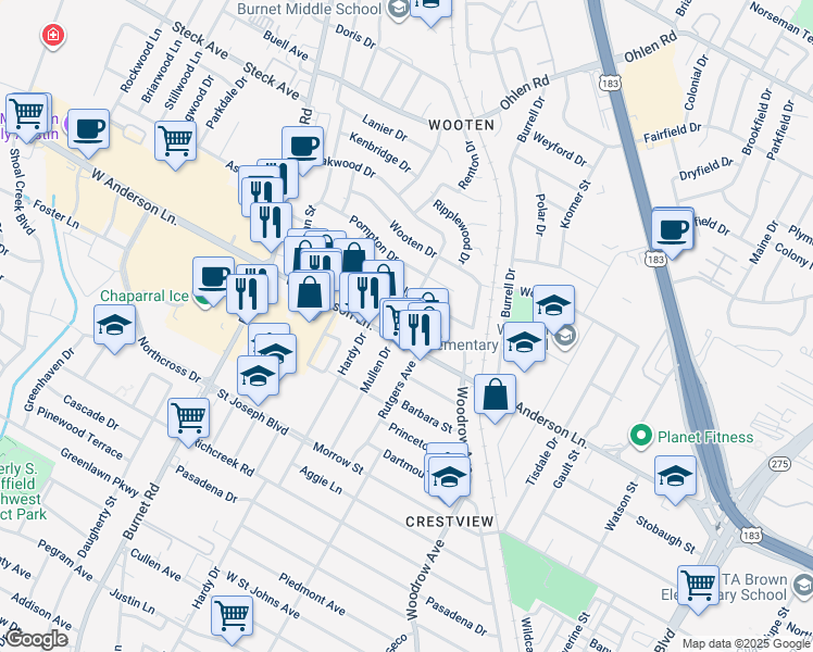 map of restaurants, bars, coffee shops, grocery stores, and more near 1825 Wooten Park Drive in Austin