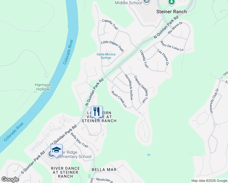 map of restaurants, bars, coffee shops, grocery stores, and more near 12801 Rush Creek Lane in Austin