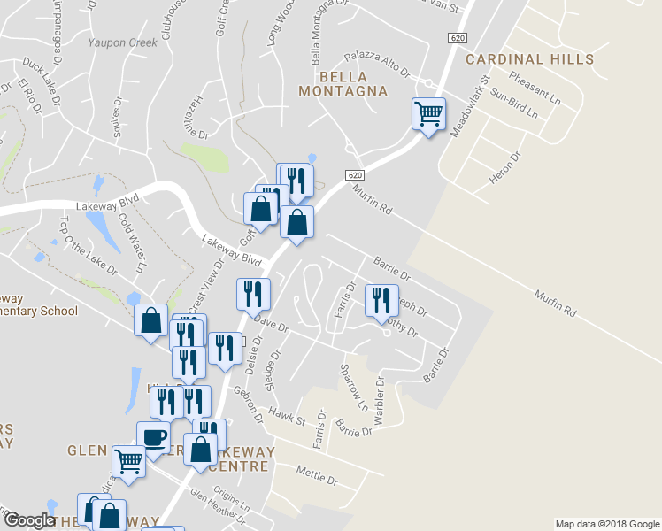 map of restaurants, bars, coffee shops, grocery stores, and more near Chicadee Lane in Lakeway