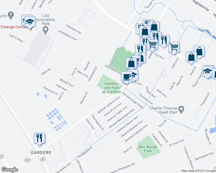 map of restaurants, bars, coffee shops, grocery stores, and more near 702 Gardere Lane in Baton Rouge
