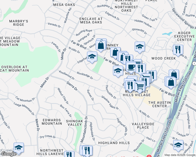 map of restaurants, bars, coffee shops, grocery stores, and more near 3809 Rockledge Drive in Austin