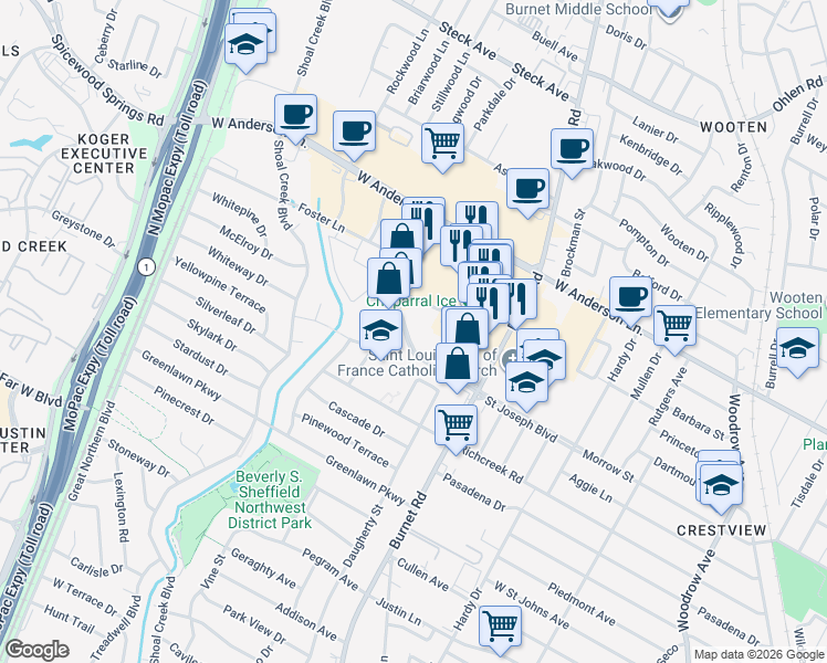 map of restaurants, bars, coffee shops, grocery stores, and more near in Austin
