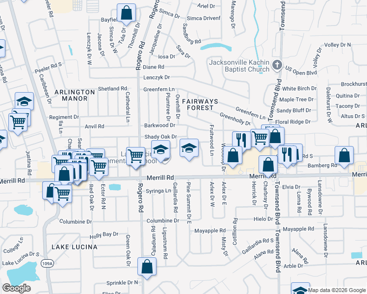 map of restaurants, bars, coffee shops, grocery stores, and more near 6710 Buttontree Court in Jacksonville