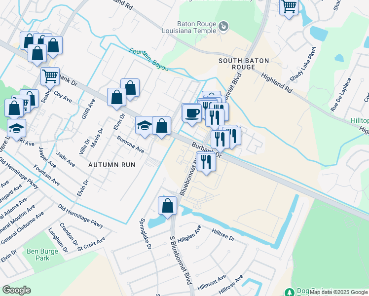 map of restaurants, bars, coffee shops, grocery stores, and more near 9989 Burbank Drive in Baton Rouge